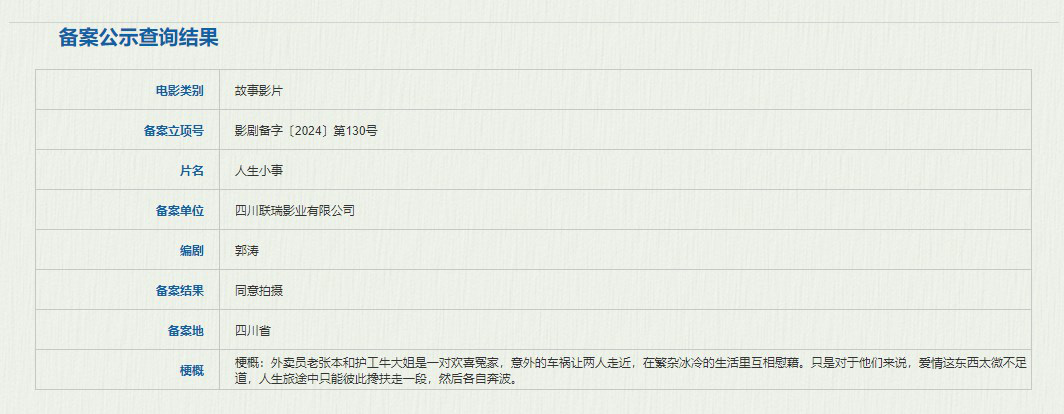 《人生大事》后又一新作！電影《人生小事》立項